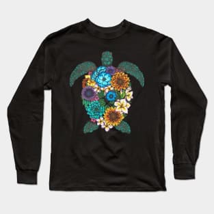 Floral Turtle Black Background Long Sleeve T-Shirt